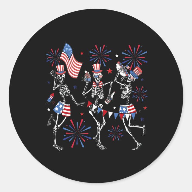 Dancing Skeleton Us Flag Fireworks Patriotic 4th O Classic Round Sticker (Front)