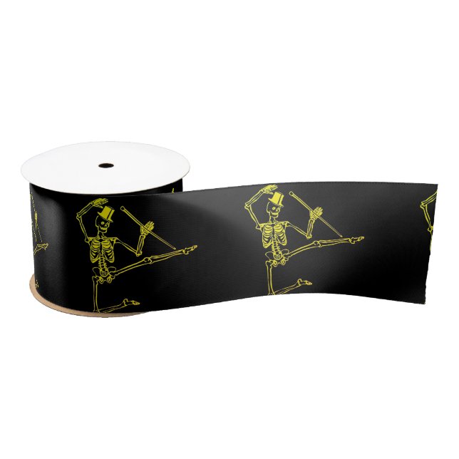 DANCING SKELETON WITH TOP HAT RIBBON CUSTOM SATIN RIBBON (Spool)