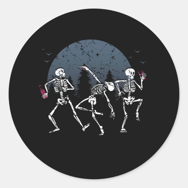Dancing Skeletons Drinking Wine Lover Funny Hallow Classic Round Sticker (Front)