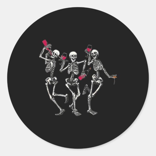 Dancing Skeletons Drinking Wine Lover Funny Hallow Classic Round Sticker (Front)