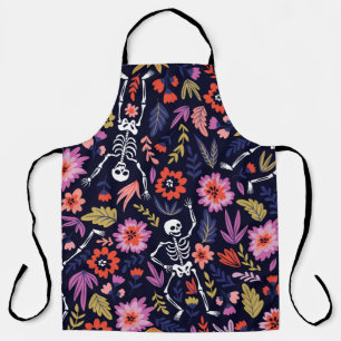 Dancing skeletons in the floral garden pattern apron