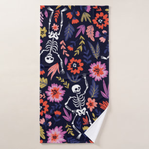 Dancing skeletons in the floral garden pattern bath towel