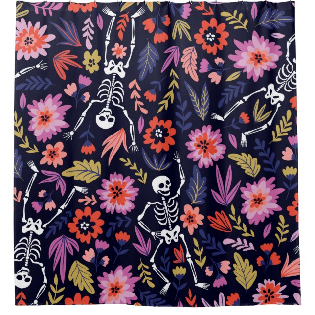 Dancing skeletons in the floral garden pattern shower curtain (Front)