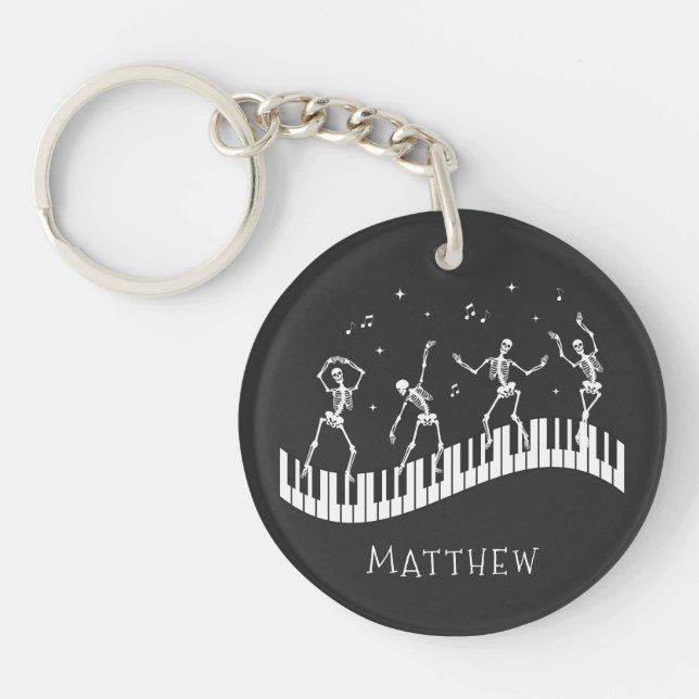 Dancing Skeletons Keyboard Musician Black Key Ring (Front)