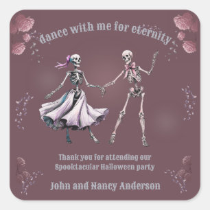 Dancing Skeletons Plum Square Favour Sticker