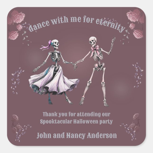 Dancing Skeletons Plum Square Favour Sticker (Front)