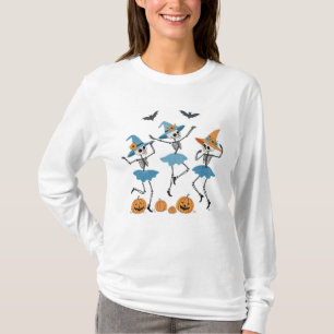 Dancing Skeletons & Witches Embroidery Halloween T-Shirt