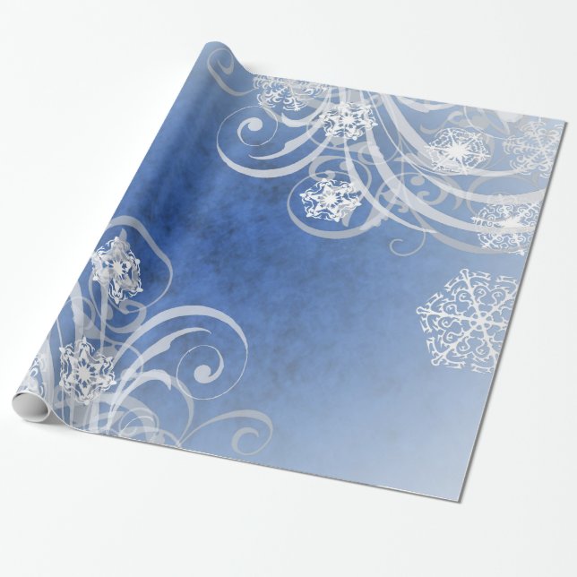 Dancing Snowflakes Blue Holiday Wrapping Paper (Unrolled)