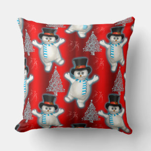 Dancing Snowman Christmas Red Cushion