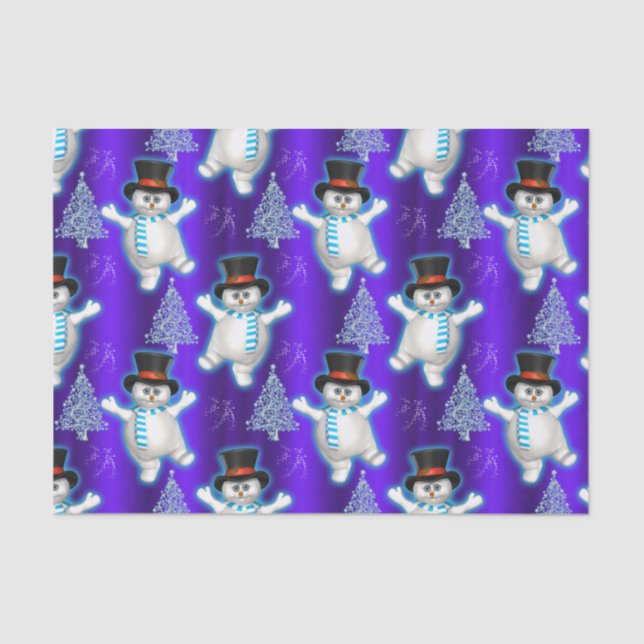 Dancing Snowmen on Blue Christmas Tissue Paper (Front)
