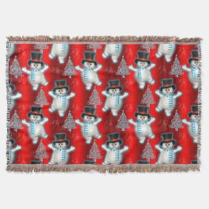 Dancing Snowmen on Red Christmas Throw Blanket