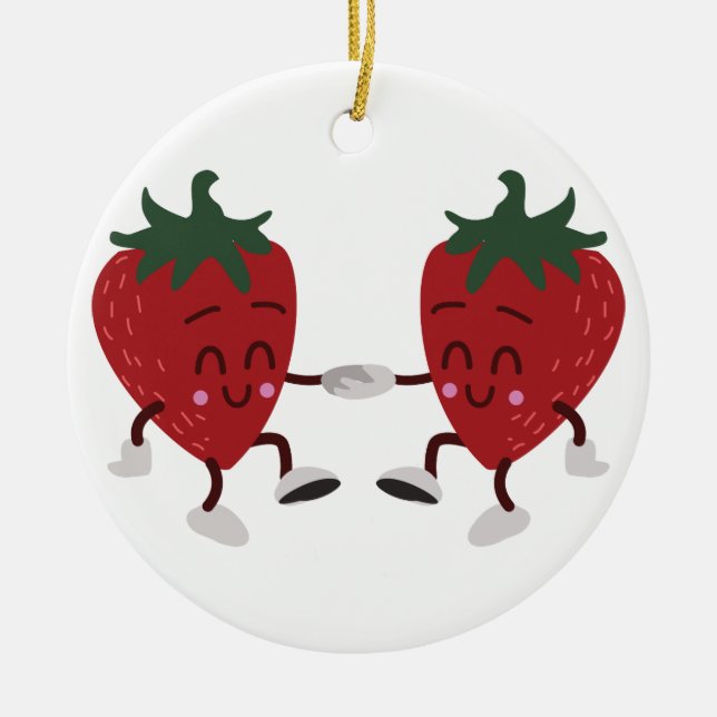 Dancing Strawberries Ceramic Tree Decoration (Front)