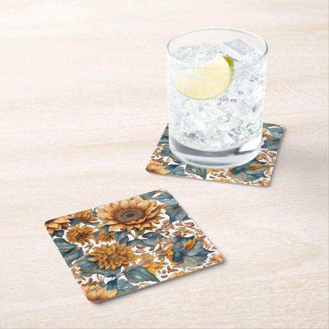Dancing Sunflowers Pattern Design Square Paper Coaster (Insitu)