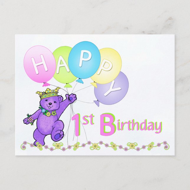 Dancing Teddy Bear 1st Birthday Postcard (Front)