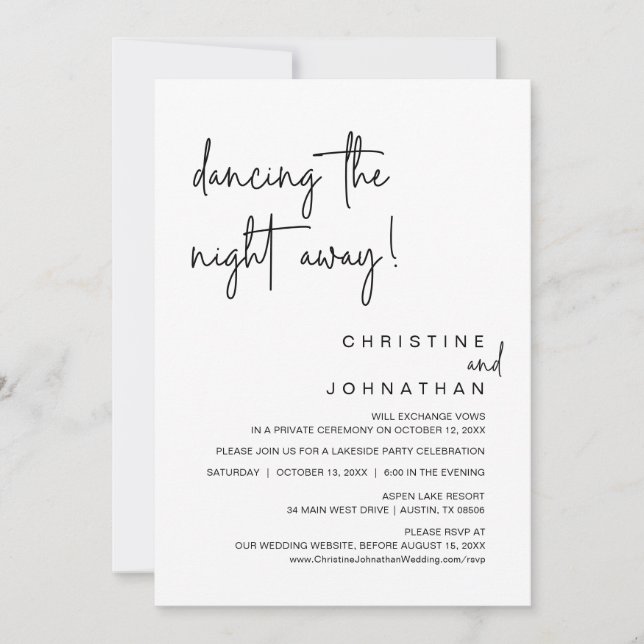 Dancing The Night Away, Wedding Elopement Party In Invitation (Front)