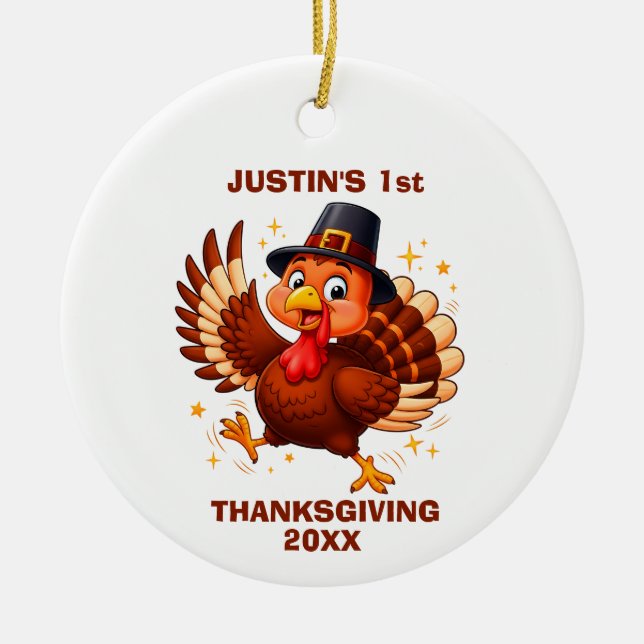 Dancing Turkey Baby's First Thanksgiving Ceramic Tree Decoration (Front)