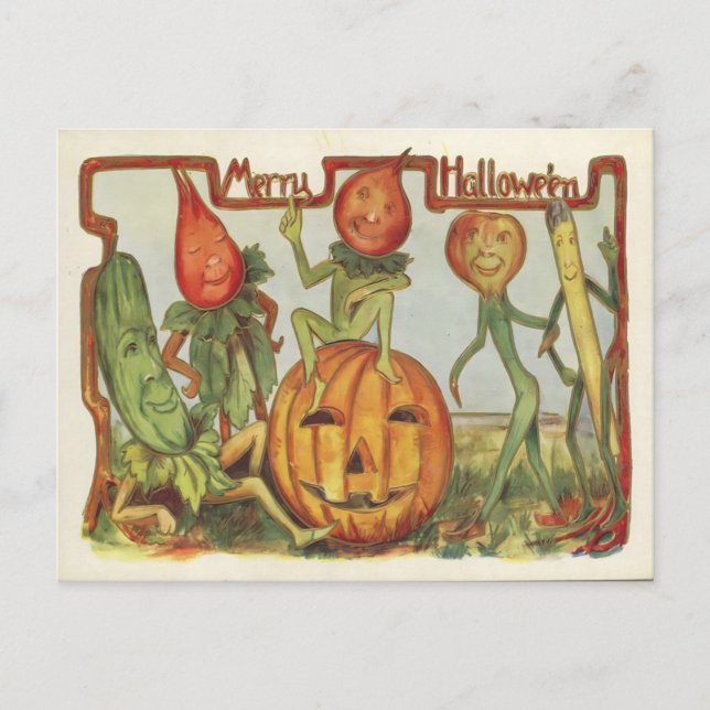 Dancing Vegetables Vintage Halloween Postcard (Front)