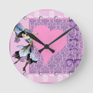 Dancing vintage flower fairy pink design by LeahG Round Clock
