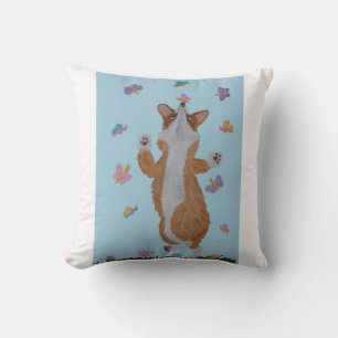Dancing Welsh Corgi with Butterflies Cushion