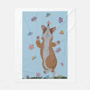 Dancing Welsh Corgi with butterflies Fleece Blanket
