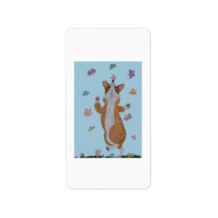 Dancing Welsh Corgi with Butterflies Label