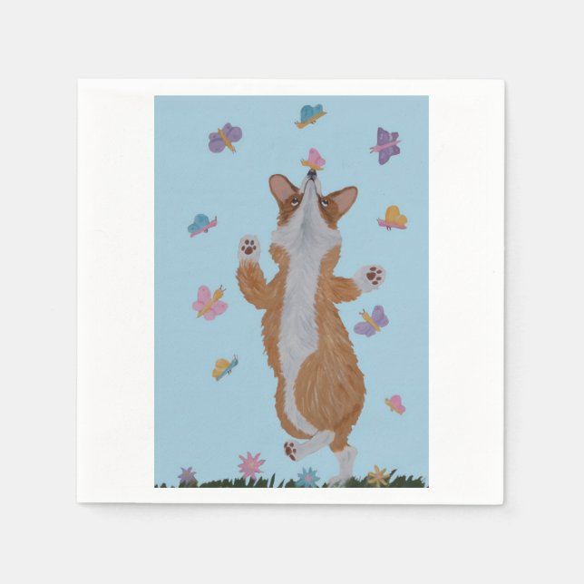 Dancing  Welsh Corgi with Butterflies Napkin (Front)