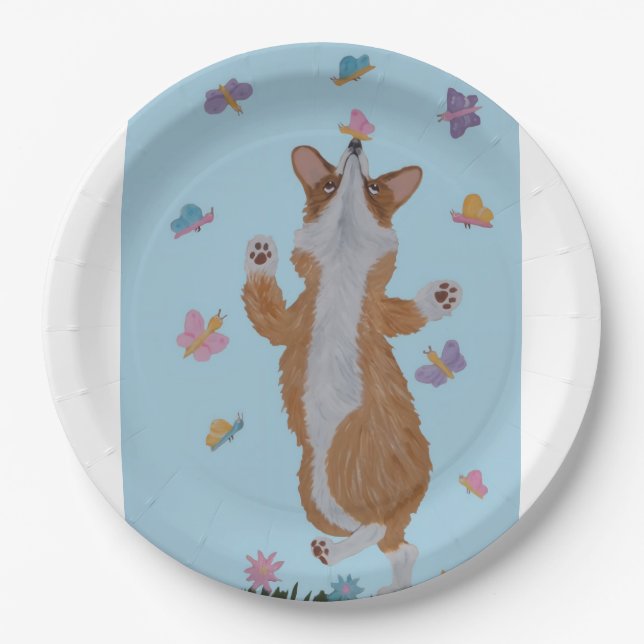 Dancing Welsh Corgi with Butterflies Paper Plate (Front)