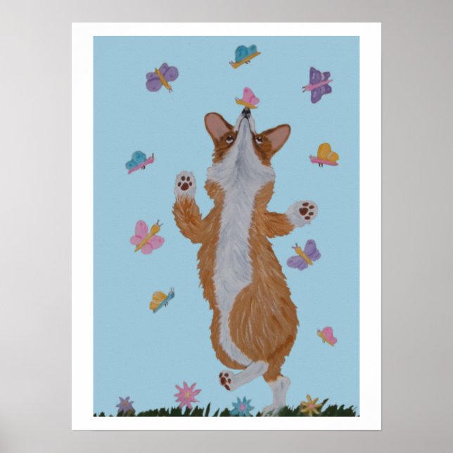 Dancing Welsh Corgi with butterflies Poster (Front)