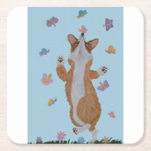 Dancing  Welsh Corgi with Butterflies Square Paper Coaster