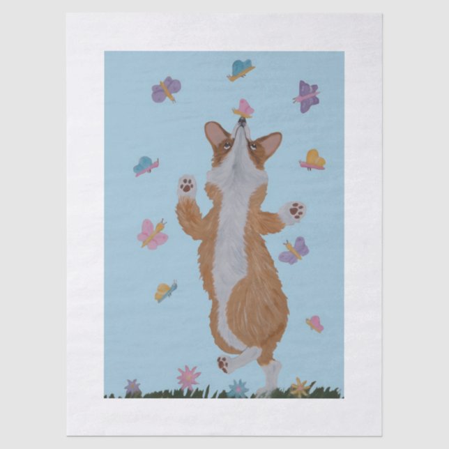 Dancing Welsh Corgi with Butterflies Tissue Paper (Front)