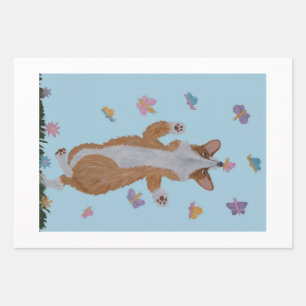 Dancing Welsh Corgi with Butterflies Wrapping Paper Sheet