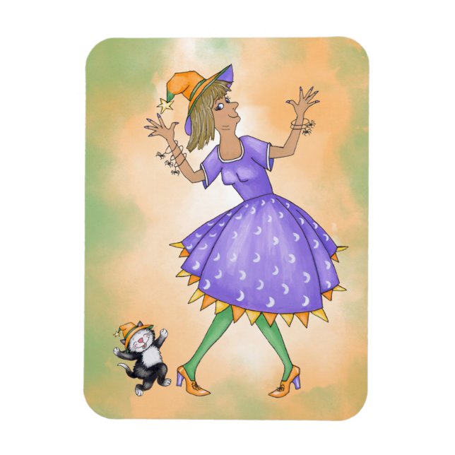 Dancing Witch and Cat  Magnet (Vertical)