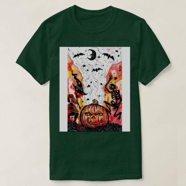 Dancing Witch and Spooky Skeleton T-Shirt (Design Front)