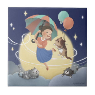 Dancing with Cats at Moonlit Night Tile