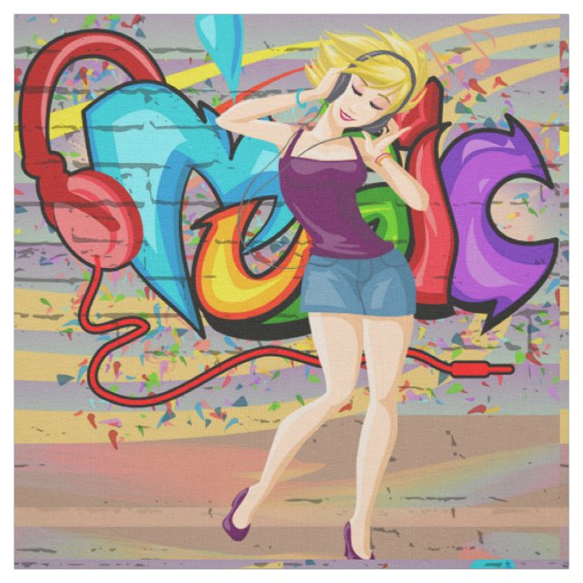 Dancing Woman 4 Music Graffiti Wall Fabric (Swatch)