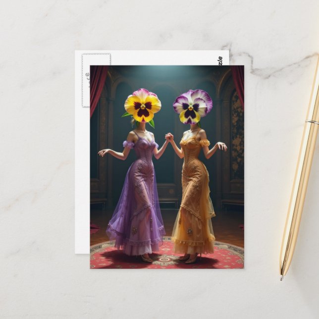 Dancing Women With Pansy Flower Heads  Postcard (Front/Back In Situ)