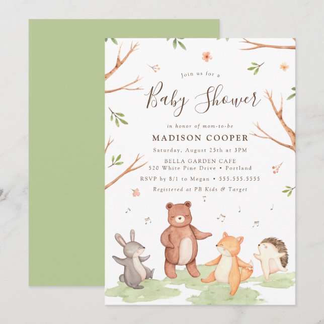 Dancing Woodland Animals Baby Shower Invitation (Front/Back)