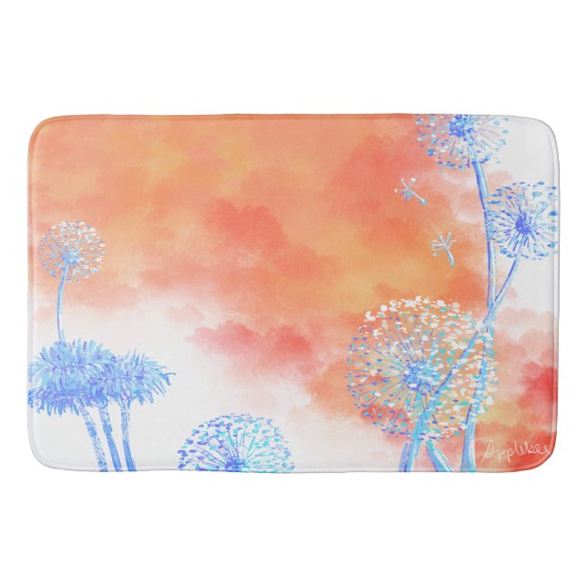 Dandelion clocks against coral orange clouds bath mat (Front)