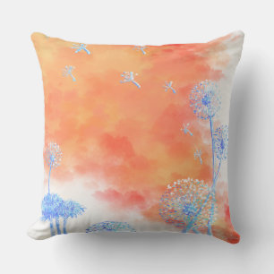 Dandelion clocks against coral orange clouds canva cushion