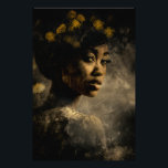 Dandelion Crown Melanin Glow Portrait Photo Print<br><div class="desc">Golden light caresses rich brown skin, illuminating sculpted cheekbones, glossy lips, and soulful dark eyes beneath a voluminous natural afro adorned with delicate yellow dandelions and their feathery seeds. The wildflowers form an organic crown that feels alive and symbolic—growth emerging from within, fragility turned into strength, renewal woven into identity....</div>
