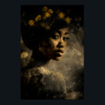 Dandelion Crown Melanin Glow Portrait Poster<br><div class="desc">Golden light caresses rich brown skin, illuminating sculpted cheekbones, glossy lips, and soulful dark eyes beneath a voluminous natural afro adorned with delicate yellow dandelions and their feathery seeds. The wildflowers form an organic crown that feels alive and symbolic—growth emerging from within, fragility turned into strength, renewal woven into identity....</div>