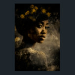 Dandelion Crown Melanin Glow Portrait Poster<br><div class="desc">Golden light caresses rich brown skin, illuminating sculpted cheekbones, glossy lips, and soulful dark eyes beneath a voluminous natural afro adorned with delicate yellow dandelions and their feathery seeds. The wildflowers form an organic crown that feels alive and symbolic—growth emerging from within, fragility turned into strength, renewal woven into identity....</div>