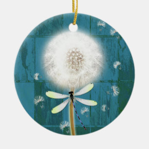 Dandelion dragonfly rustic blue barn wood ceramic tree decoration