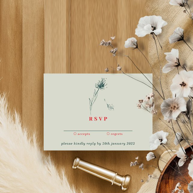 Dandelion Kindly Reply Green Red Boho Floral Invitation (Creator Uploaded)