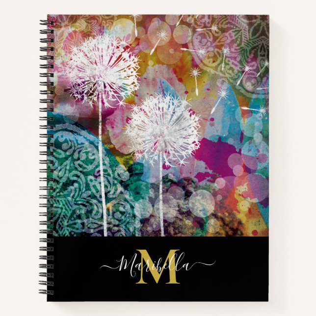Dandelion Make a Wish Personalise Monogram Boho Notebook (Front)