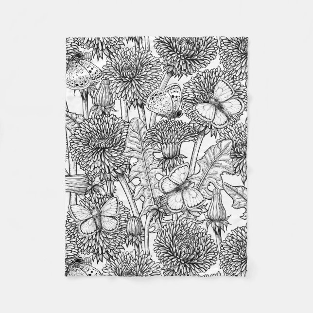 Dandelion meadow in black and white fleece blanket (Front)
