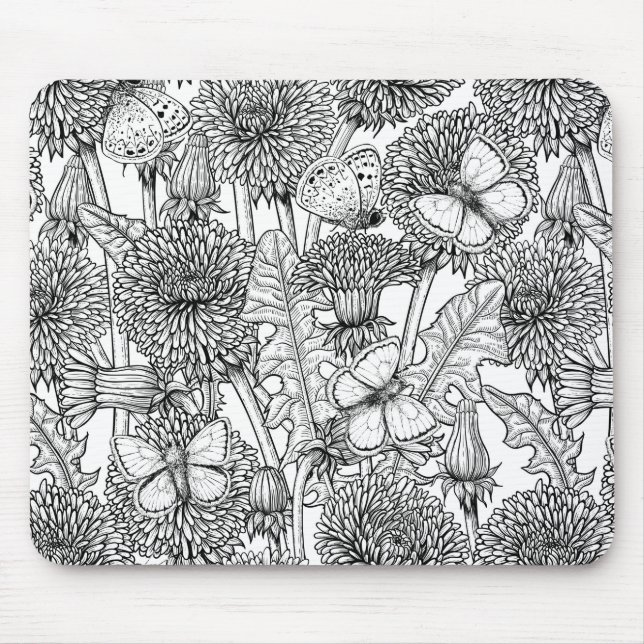 Dandelion meadow in black and white mouse pad (Front)