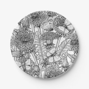 Dandelion meadow in black and white paper plate