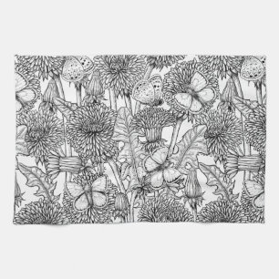 Dandelion meadow in black and white tea towel