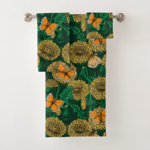 Dandelion meadow on dark green bath towel set